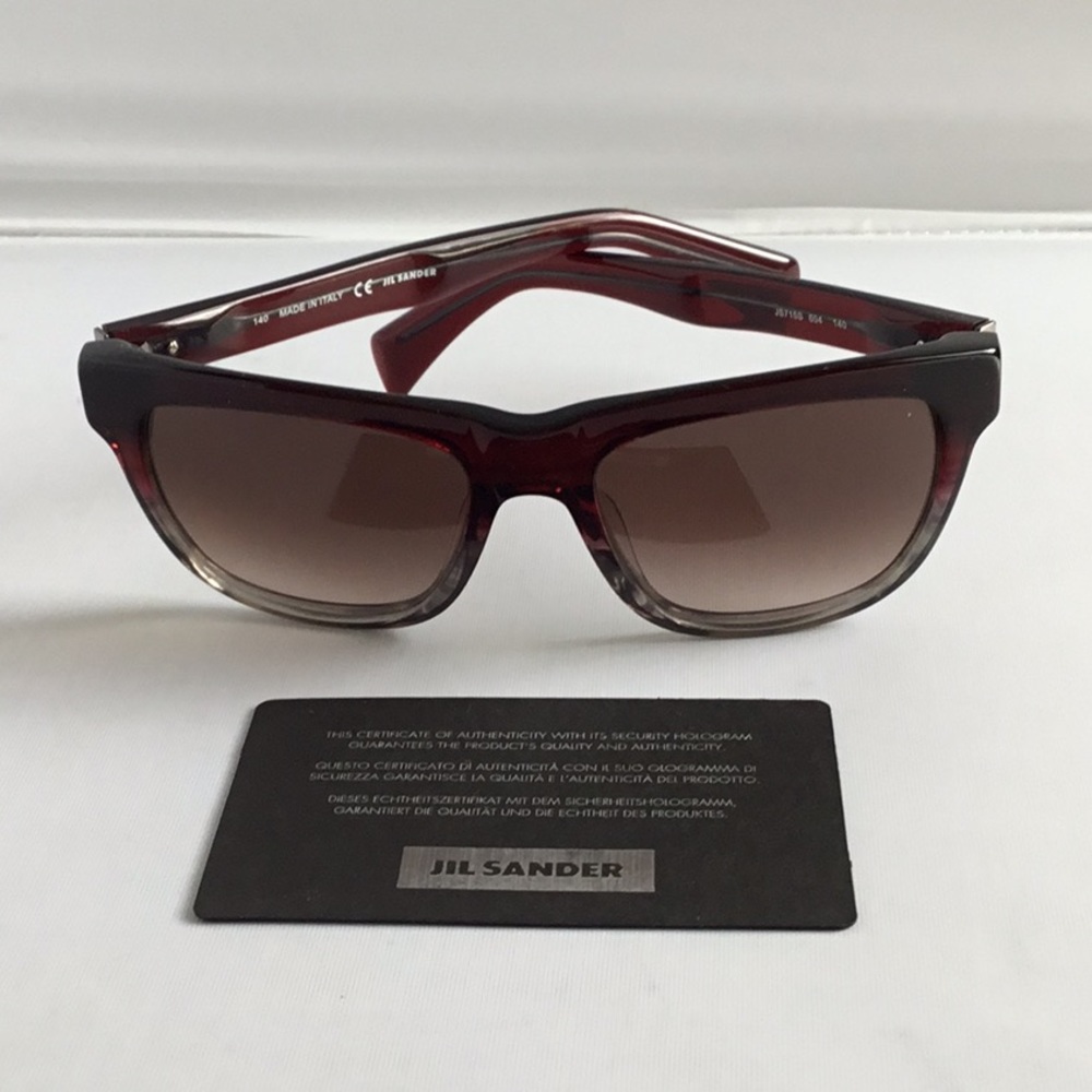 Jil Sander Burgundy to Clear Gradient Wayfarer Sunglasses with Brown Lenses